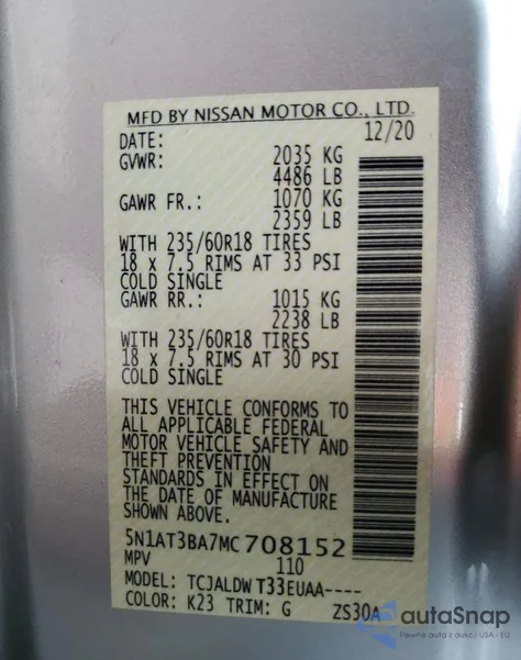 2021 Nissan Rogue Sv из США, поврежденный, VIN 5N1AT3BA7MC708152